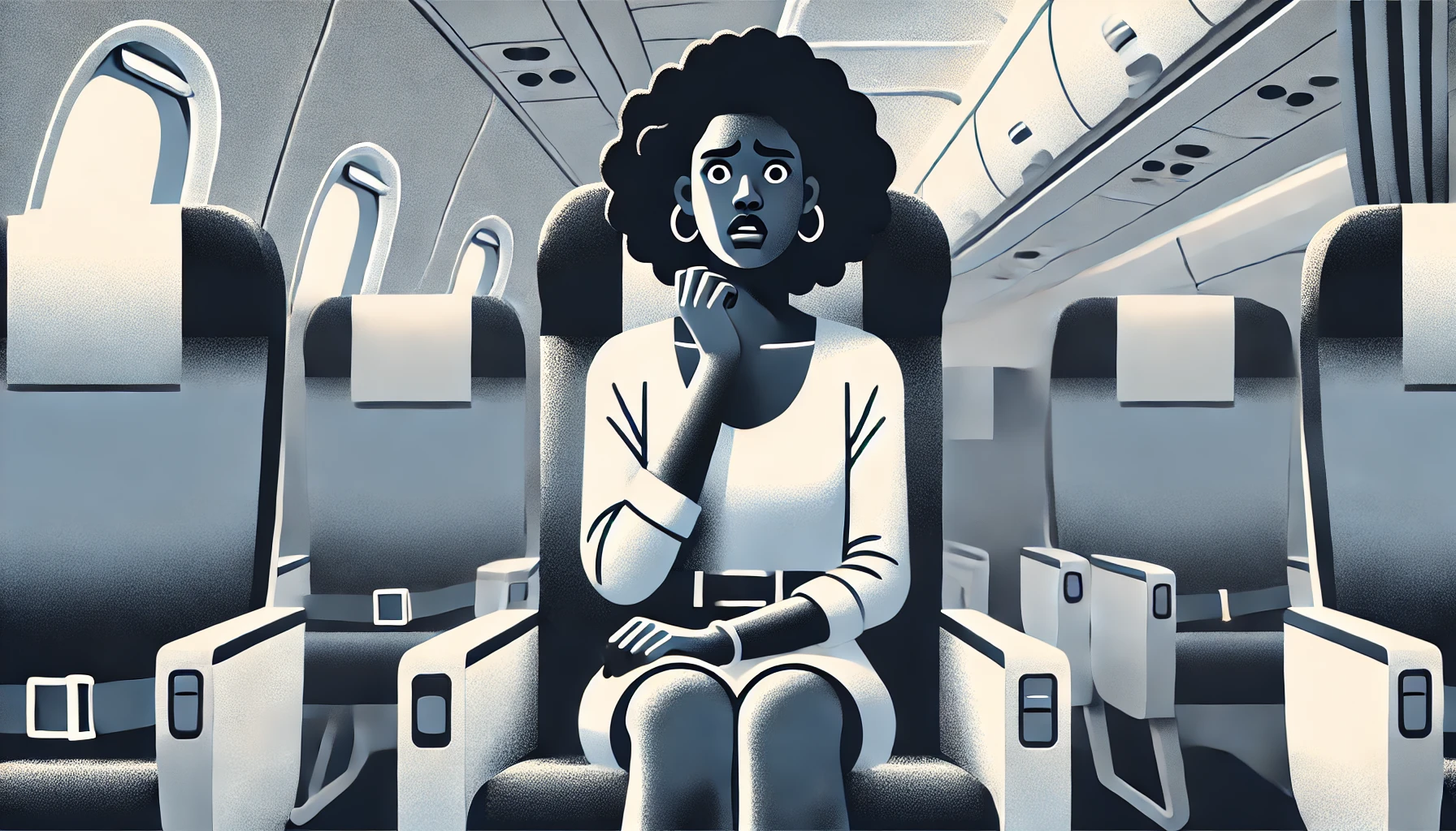 Anxious woman in airplane cabin